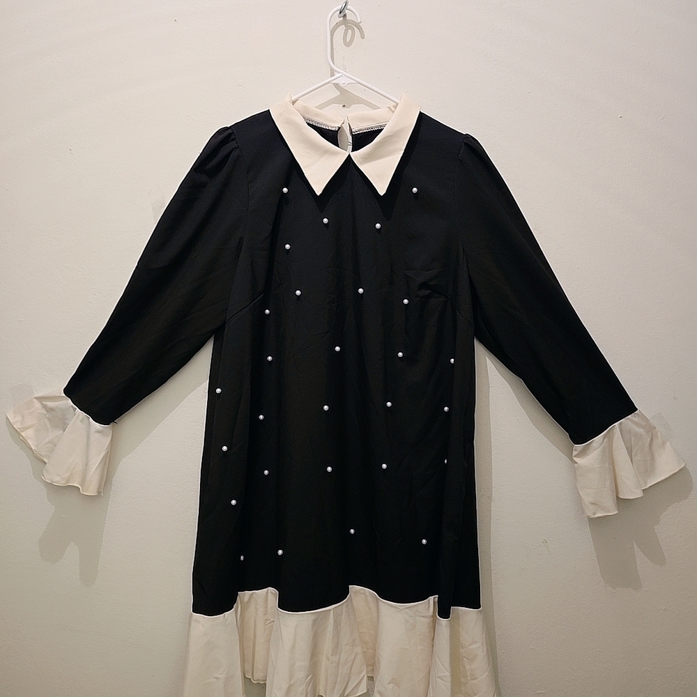 Black and White Long Sleeve Dress with Ruffle Details